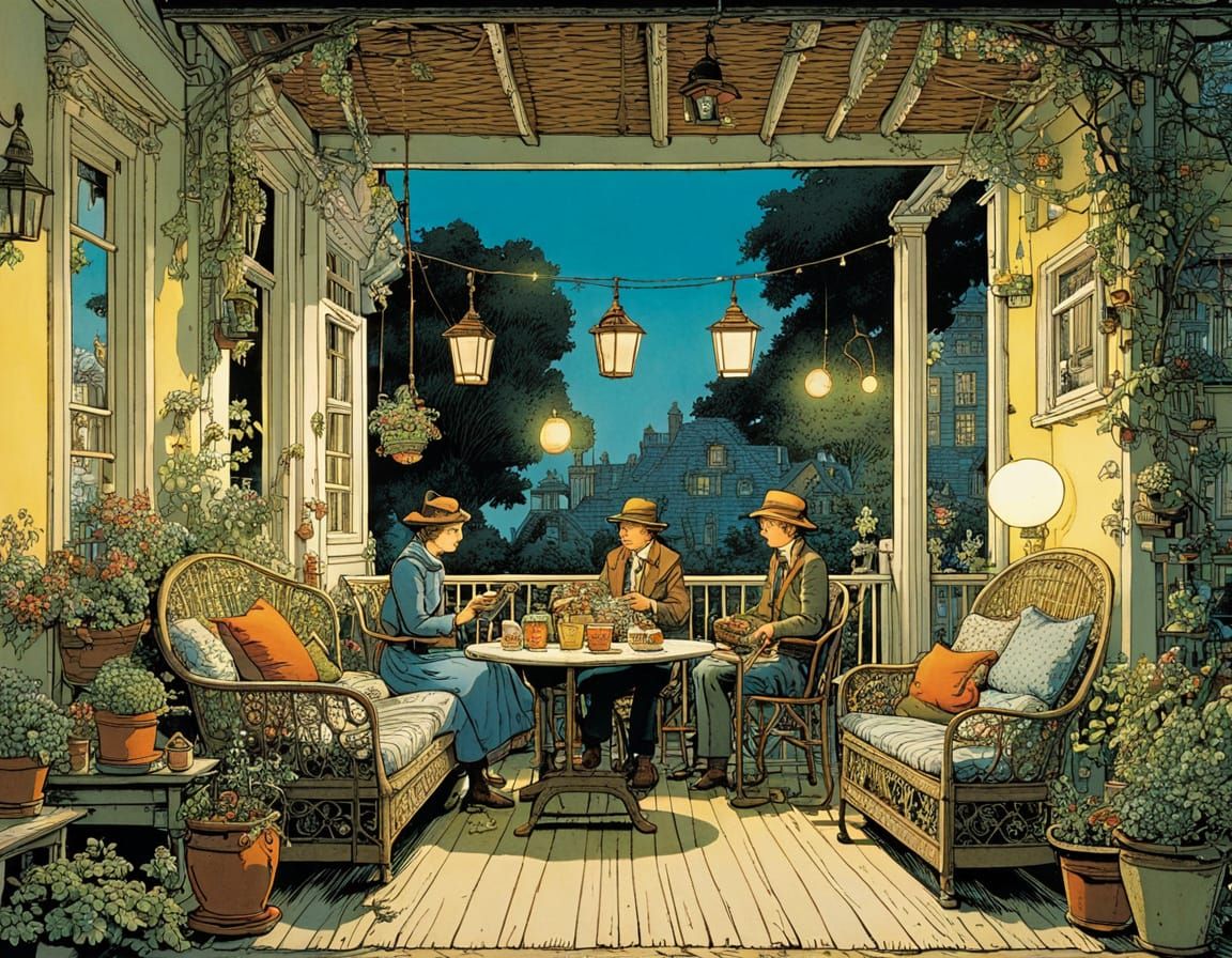 Cozy Family Gathering on the Veranda in Intricate Illustrati...