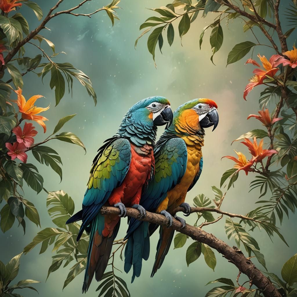 Happy Parrots in Colorful Splash Art Style