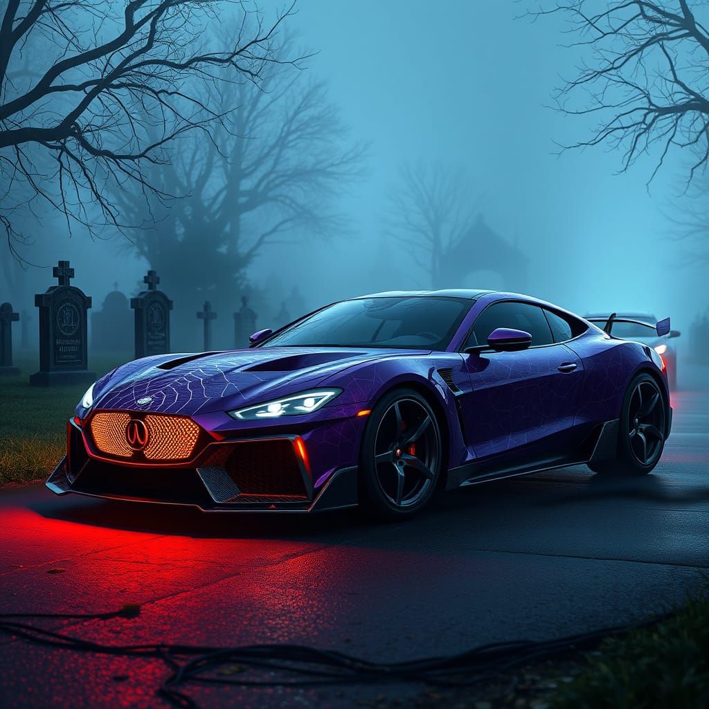 Spiderweb Car at Cemetery in Hyperdetailed Lighting