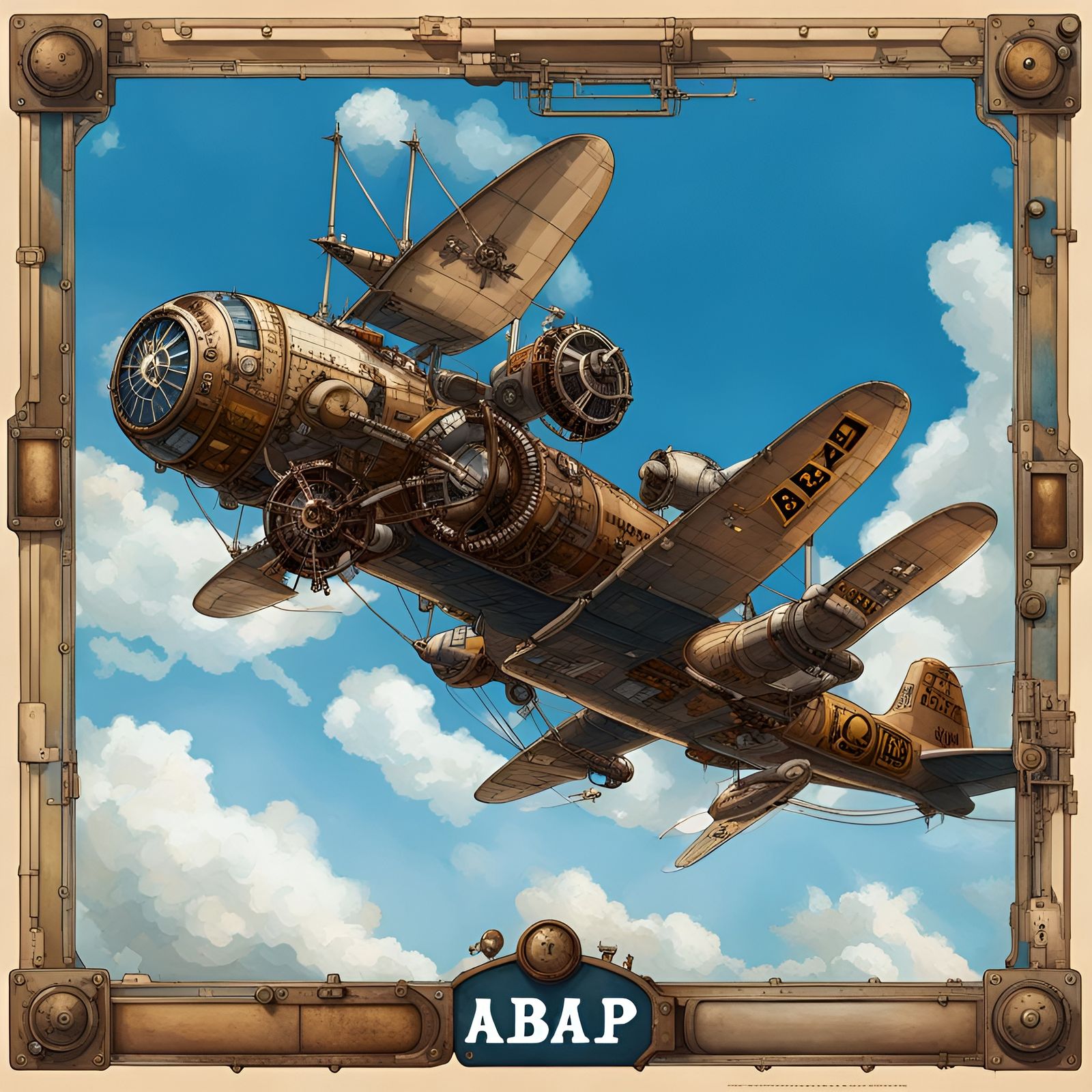 Steampunk Flying Fortress Under Sail in Blue Skies