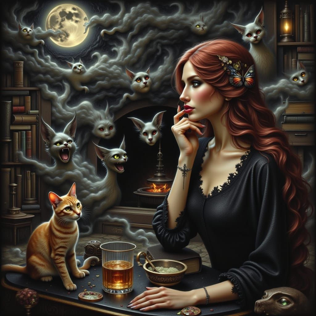 Fae Woman in Haunted Library, Surreal Oil Painting
