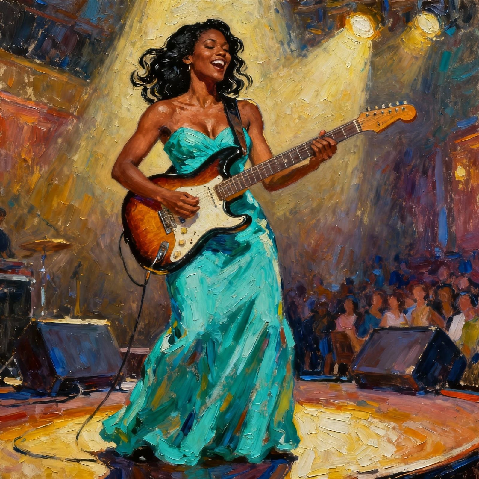 Post-Impressionist Oil Painting of Woman Playing Guitar