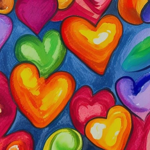 Rainbow Hearts in Gouache and Watercolor Style