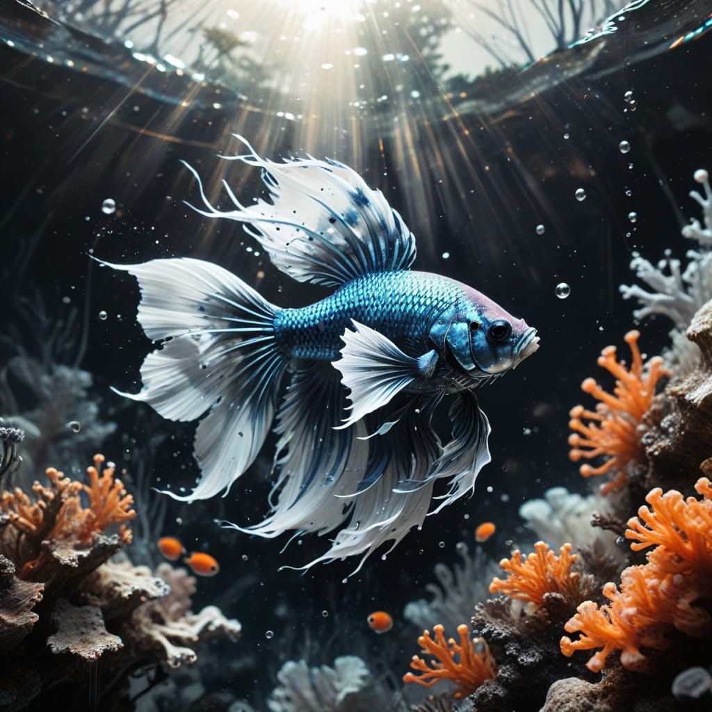 Orange Siamese Fighting Fish in Black and White Coral