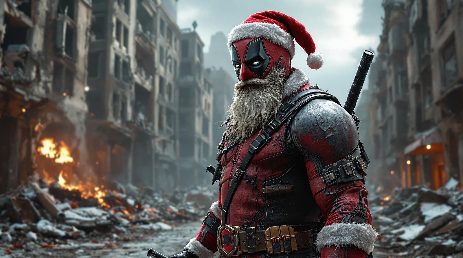 Deadpool as Santa Claus in a War Zone, in a Cyberpunk Aesthe...