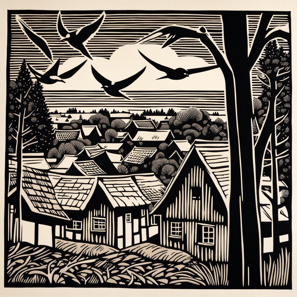 Swallows Over Village: Linocut Relief Print