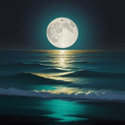 A Diamond Moon Shines Over an Opal and Turquoise Sea in Neo-...
