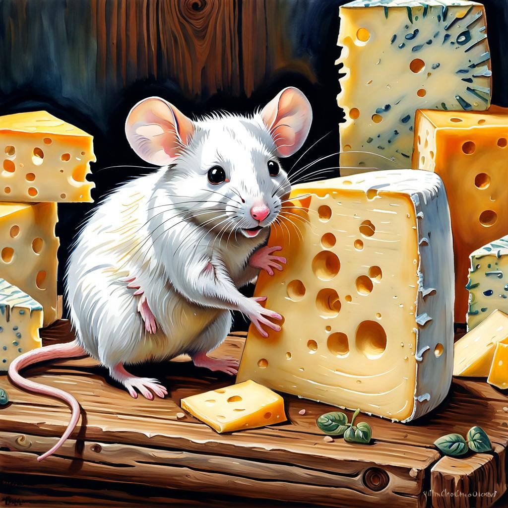 Mouse with Cheese: Watercolor Gouache Impressionist Art