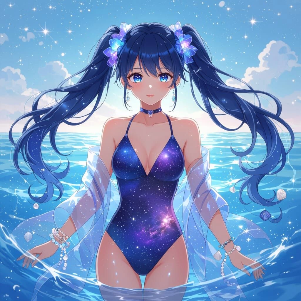 Anime Girl with Galaxy Hair in Ethereal Ocean