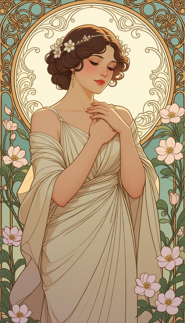 Elegant Woman Surrounded by Flowers in Art Nouveau Style