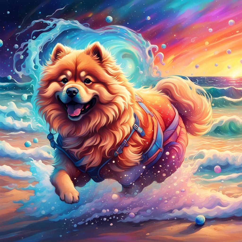 Chow Chow Dog Running on Beach, Holographic Illustration