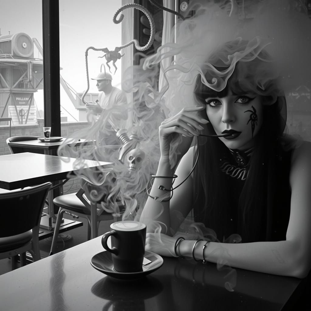 Goth Model in Foggy Coffee Shop, Biomechanical Style