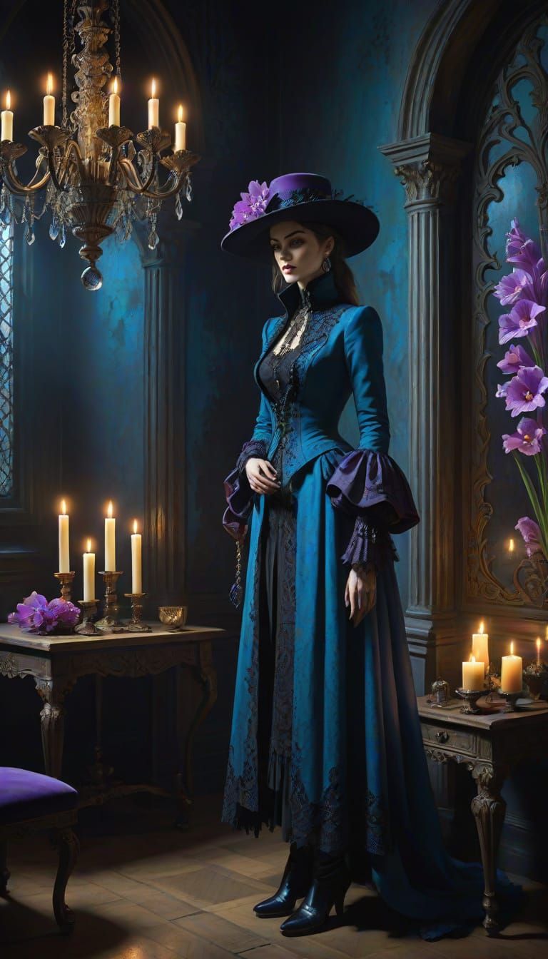 Gothic Oil Painting of Mysterious Woman with Gladiolus