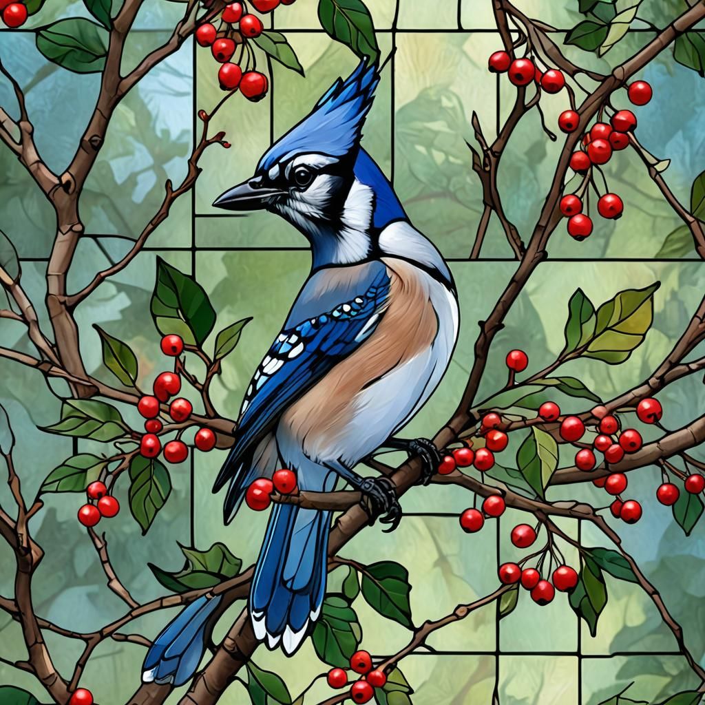 Blue Jay with Berries in Stained Glass Style