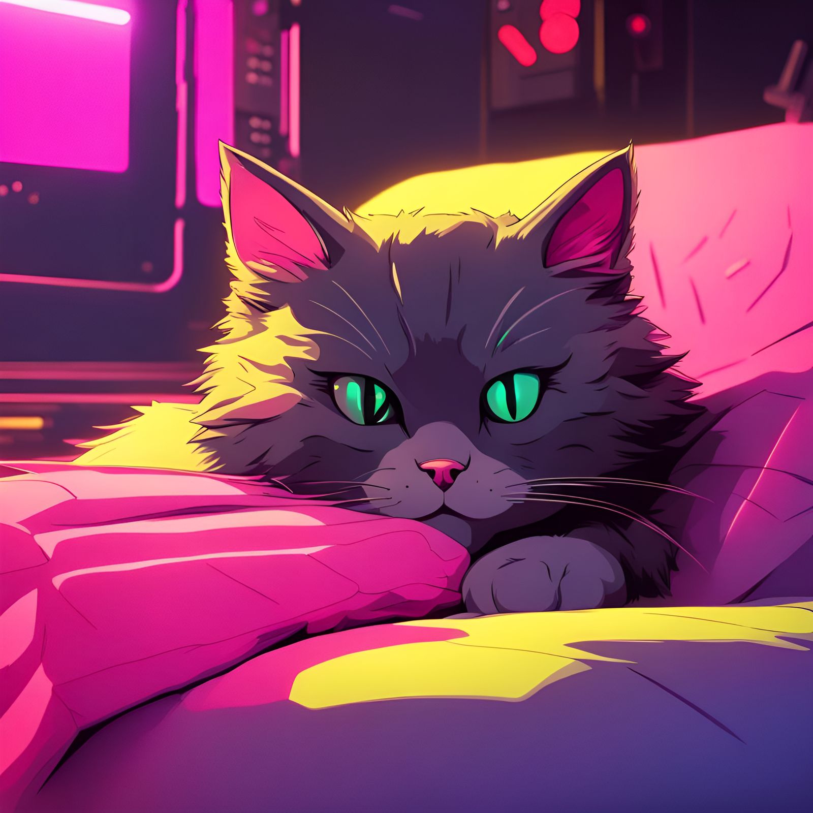 Cyberpunk Cat Nap in Neon Cityscape