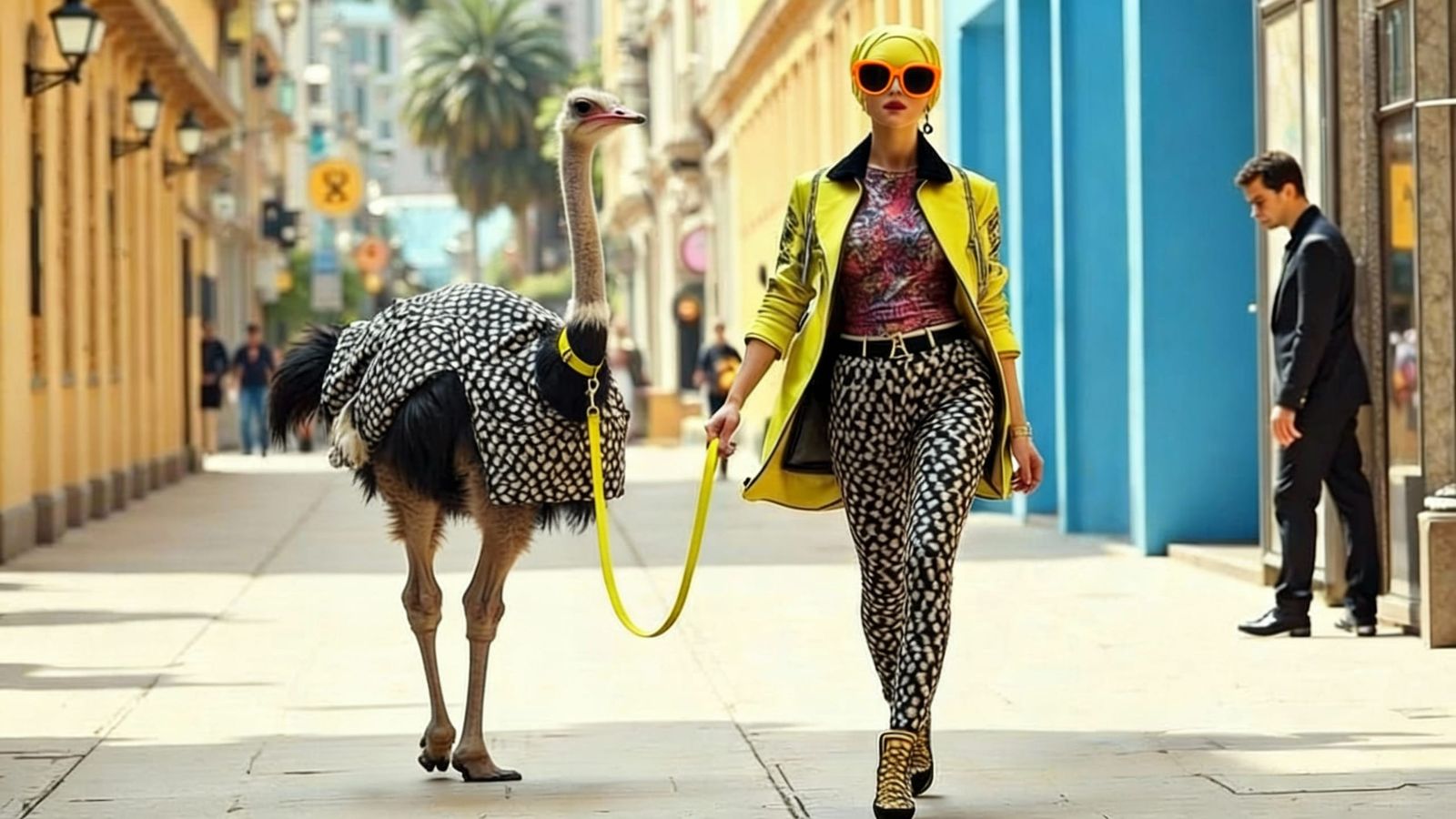 Woman Walks Ostrich in Whimsical Watercolor Street Scene