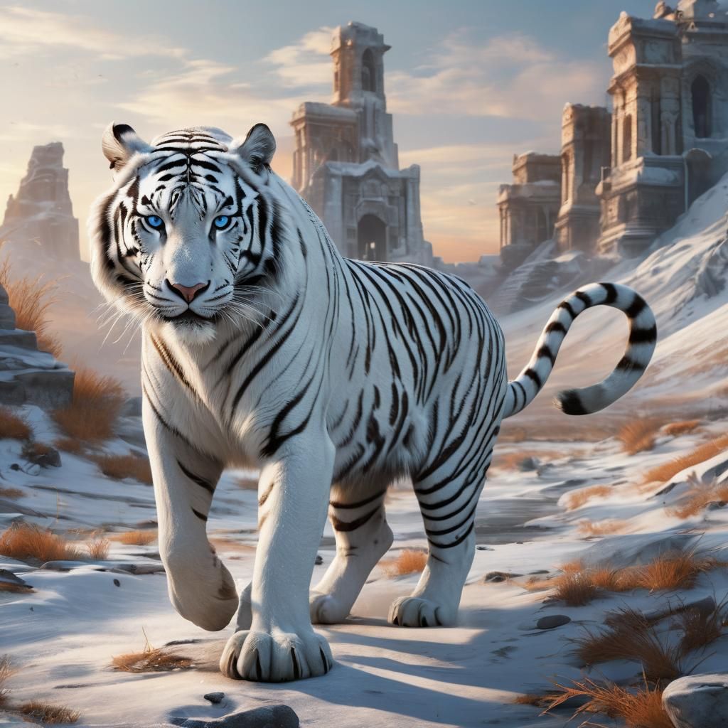 Winter's Fury: White Tiger Reigns in Barren Wasteland Landsc...