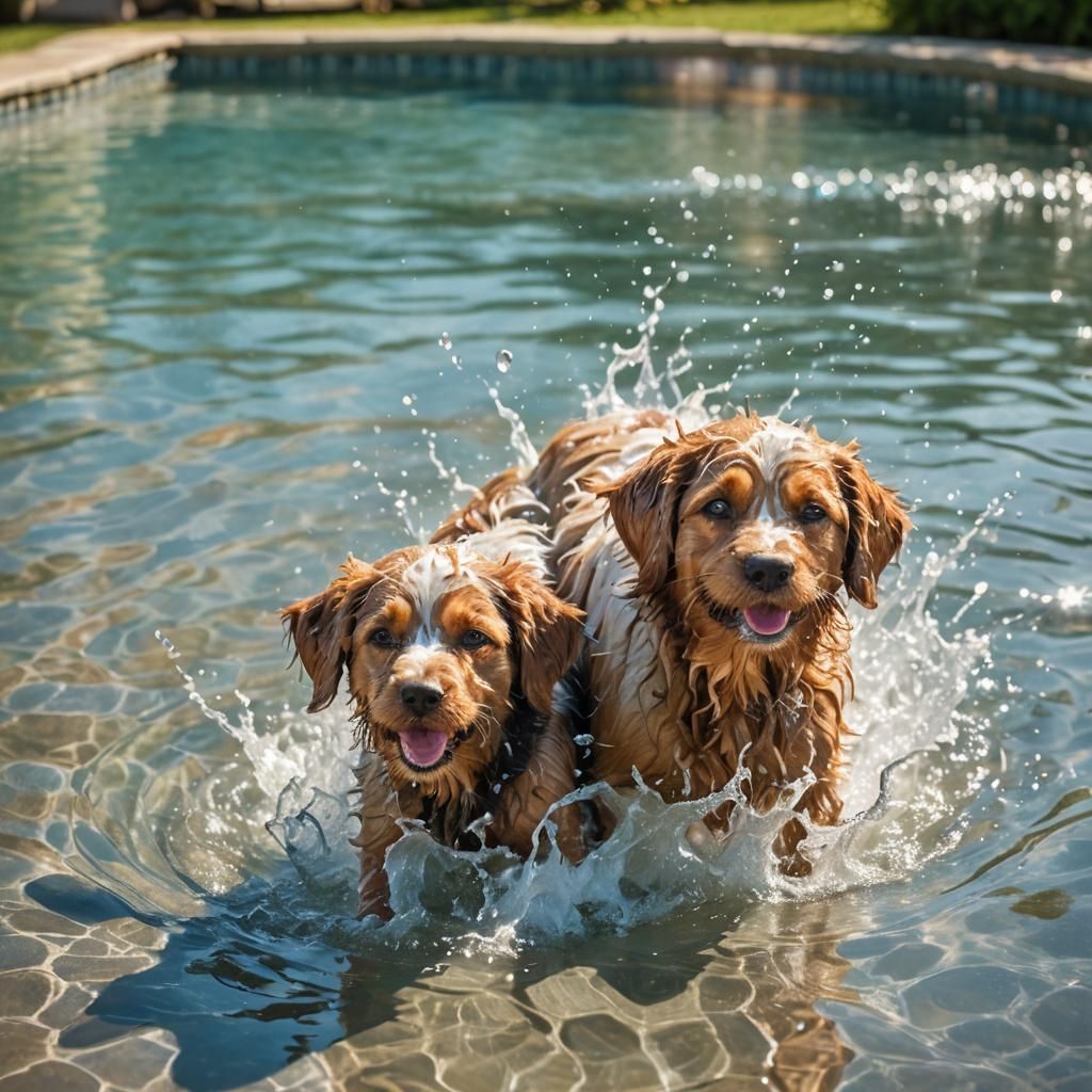Dog Splashing in Sunlit Summer Pool