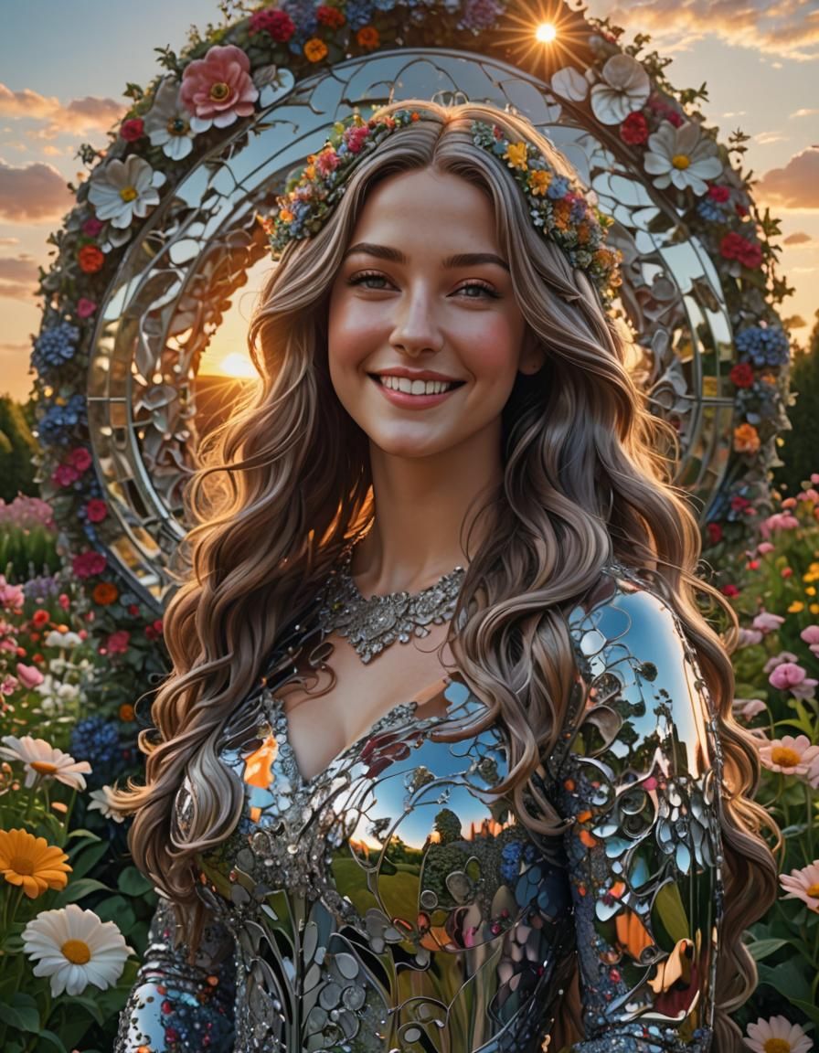 Granite Sculpture of Smiling Woman in Garden