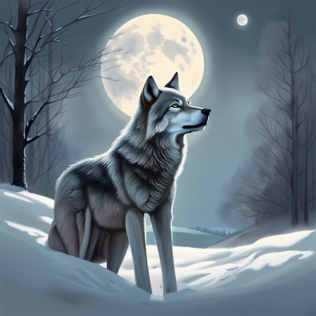 Lone Wolf Howling in Snowy Cyberpunk Landscape