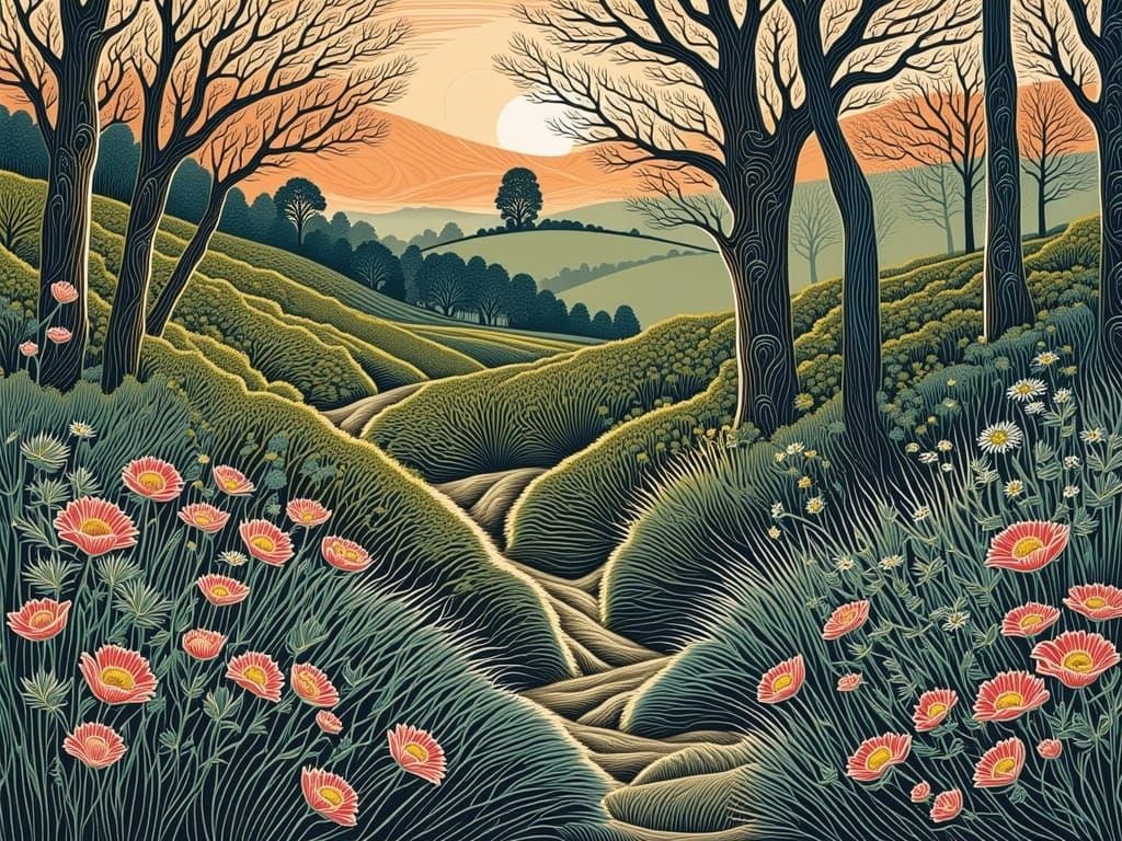 Delicate Spring Blooms in Muted Colors, as Hand-Coloured Lin...