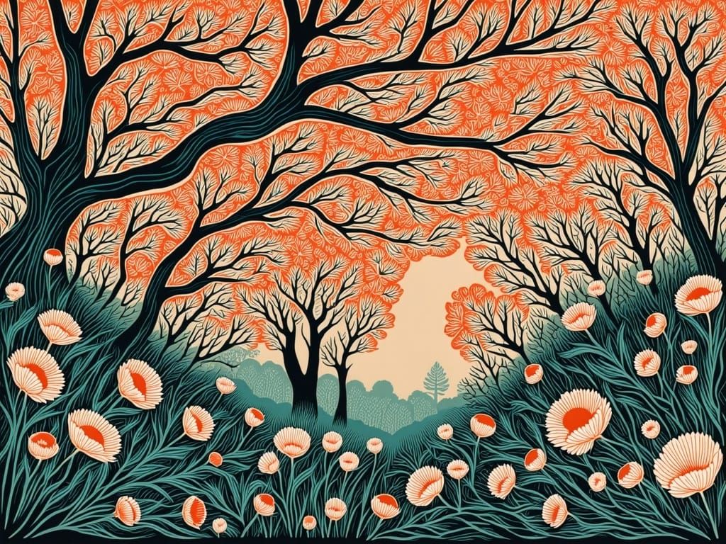 Dreamy Early Spring Scene in Whimsical Linoprint Style