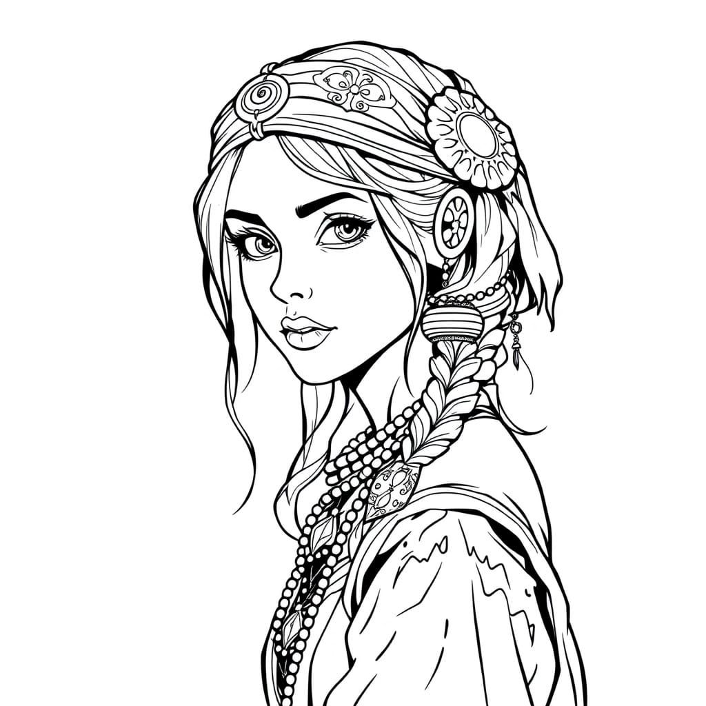 Gypsy Woman Portrait in 1-bit Line Art Style