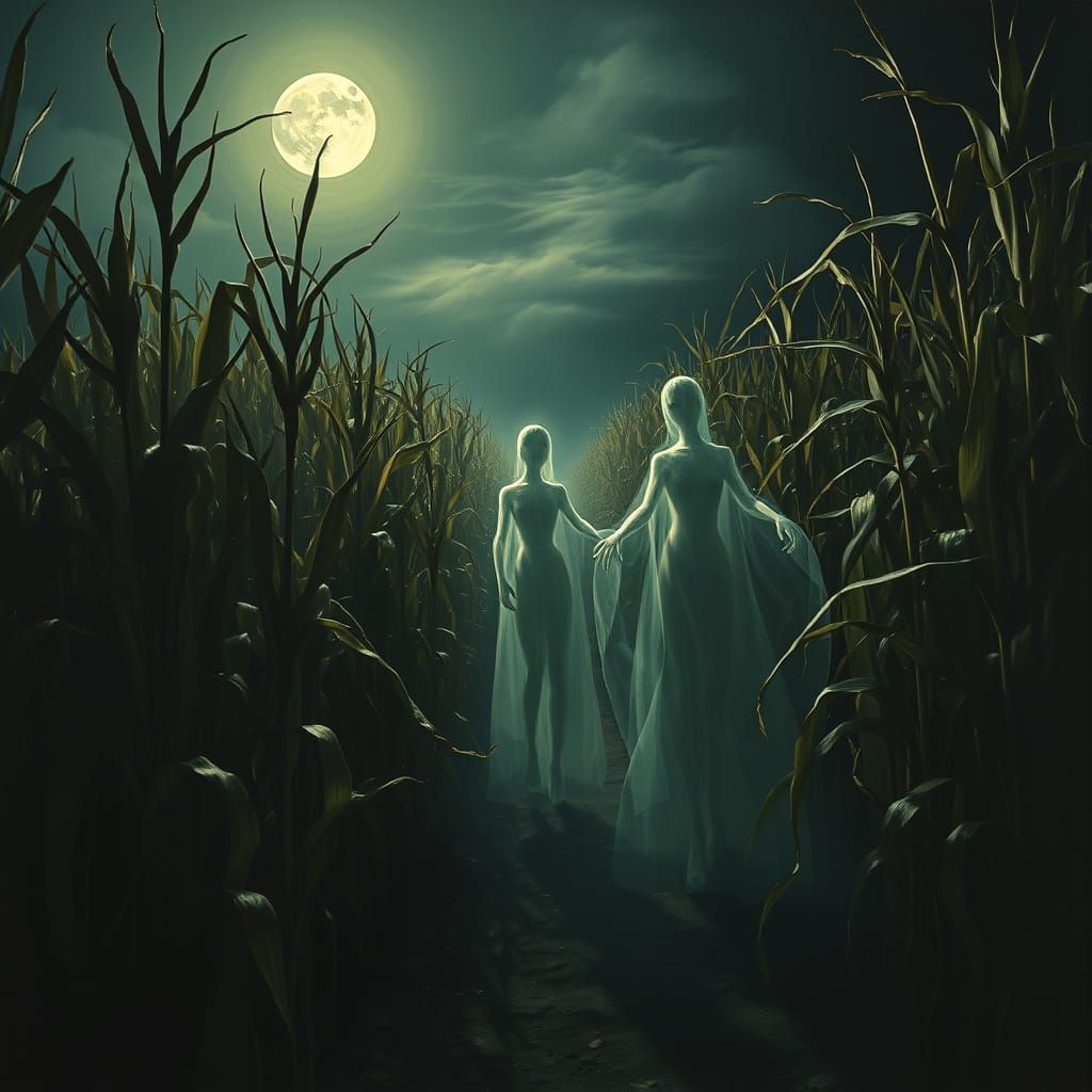 Ethereal Figures Haunt Corn Maze in Dramatic Gothic Style