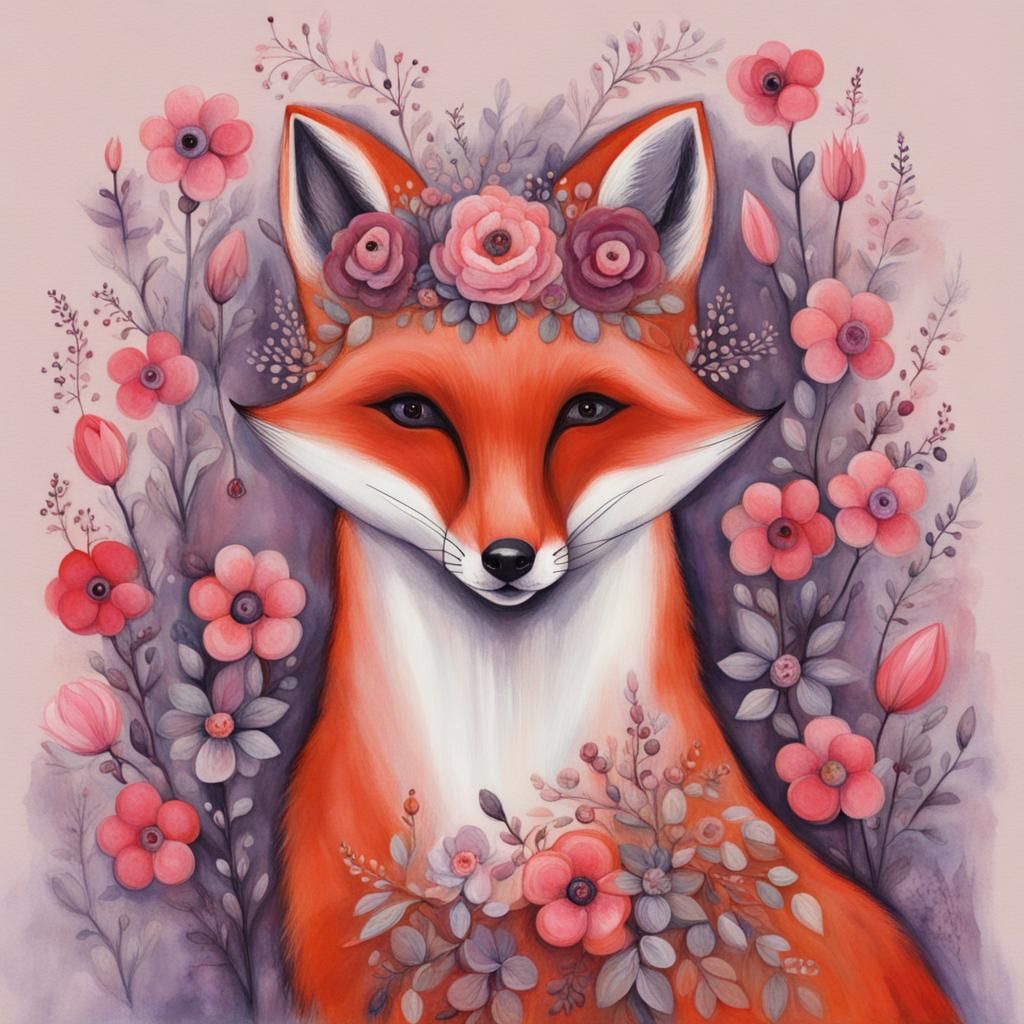 Fox with Flower Crown in Detailed Style