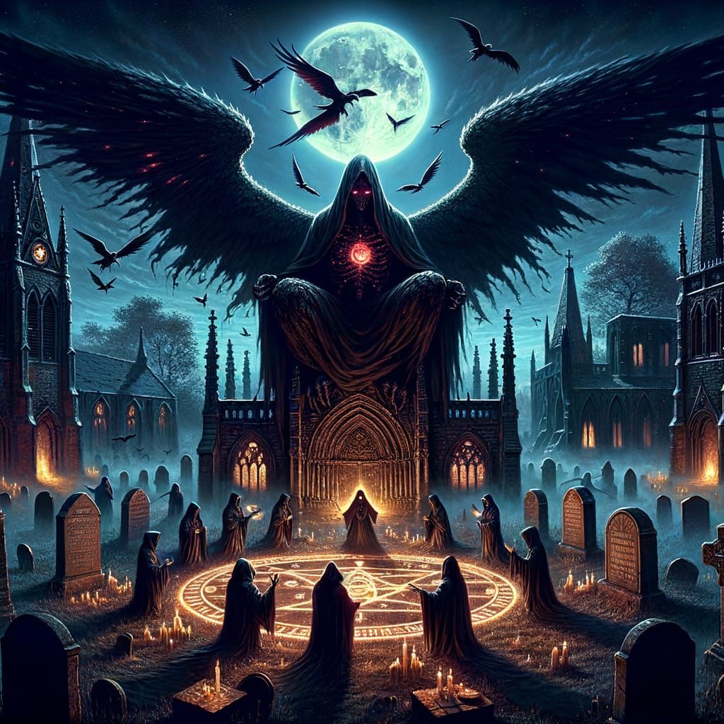 Gothic Cathedral Demon Oversees Moonlit Ritual