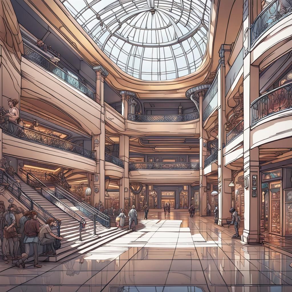 Detailed Line Art Drawing of a Mall Interior