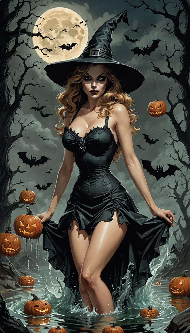 Halloween Witch Pinup in Engraving Style