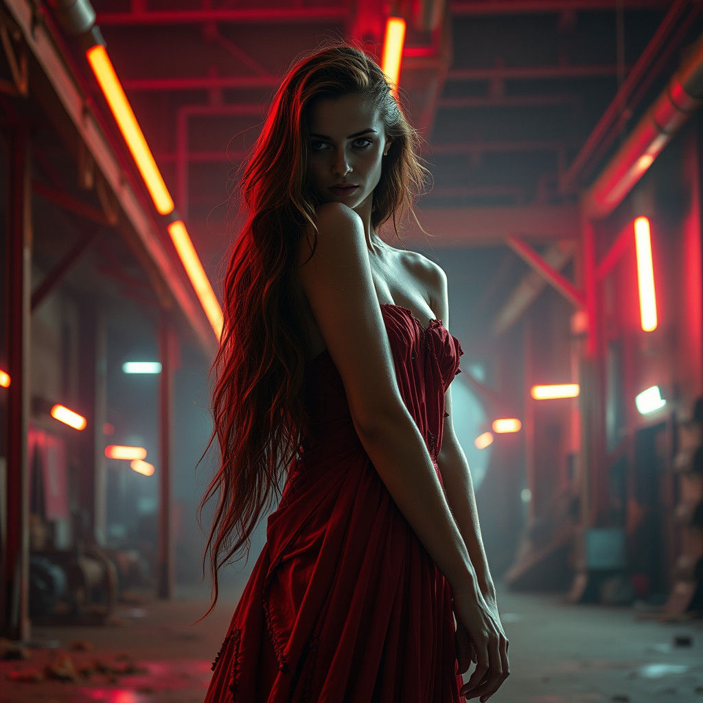 Goddess in Red Neon Warehouse: Cinematic Portrait