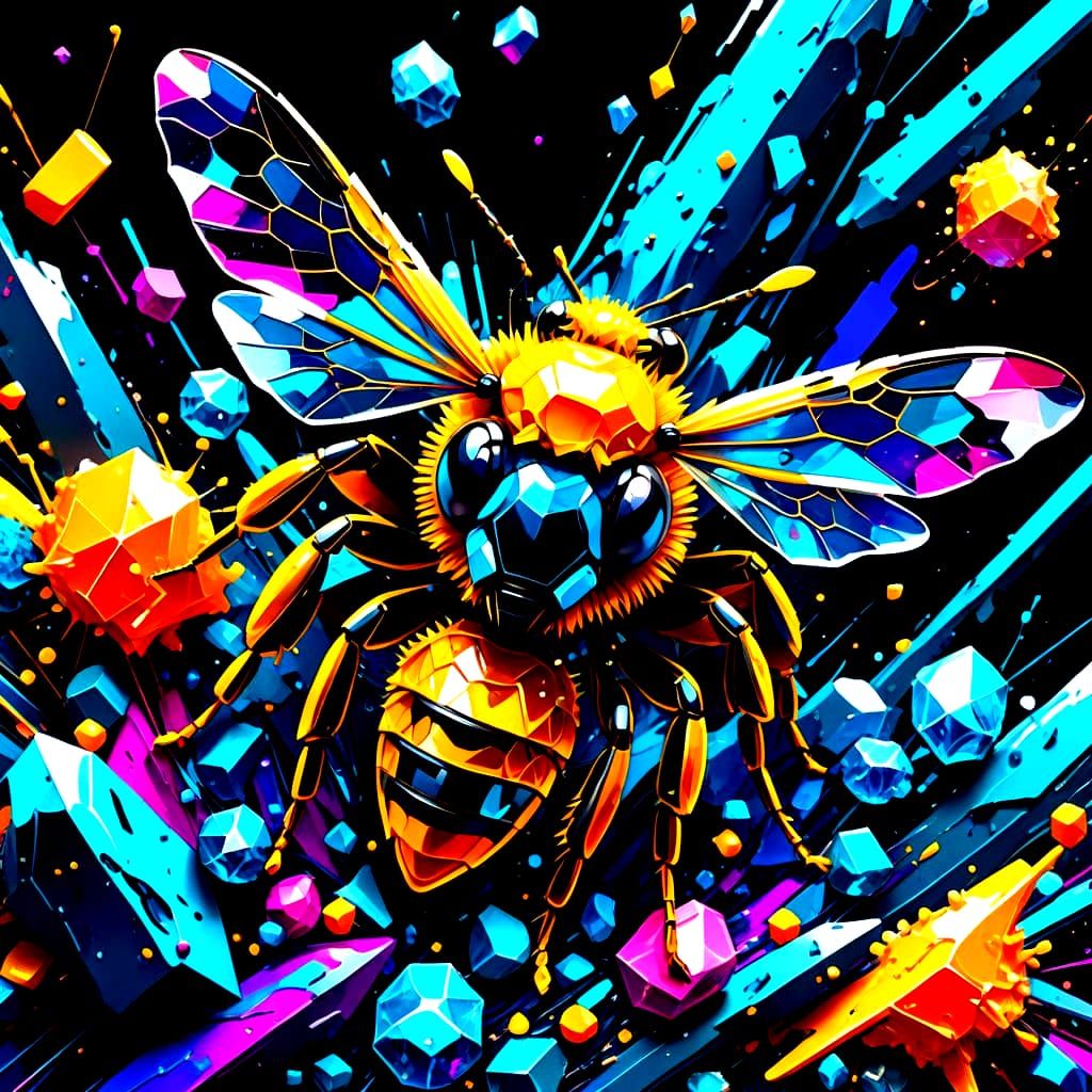Vibrant Crystal Bee in Futuristic Street Art Scene