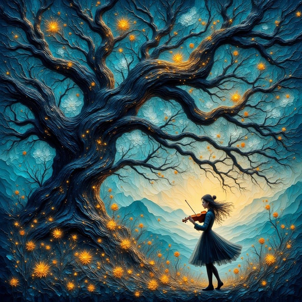 Lone Violinist Under Ancient Oak in Twilight