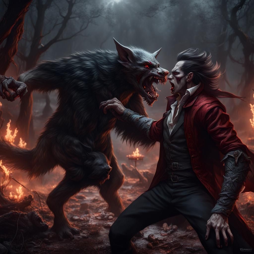Vampire and Werewolf Battle: Detailed Fantasy Art
