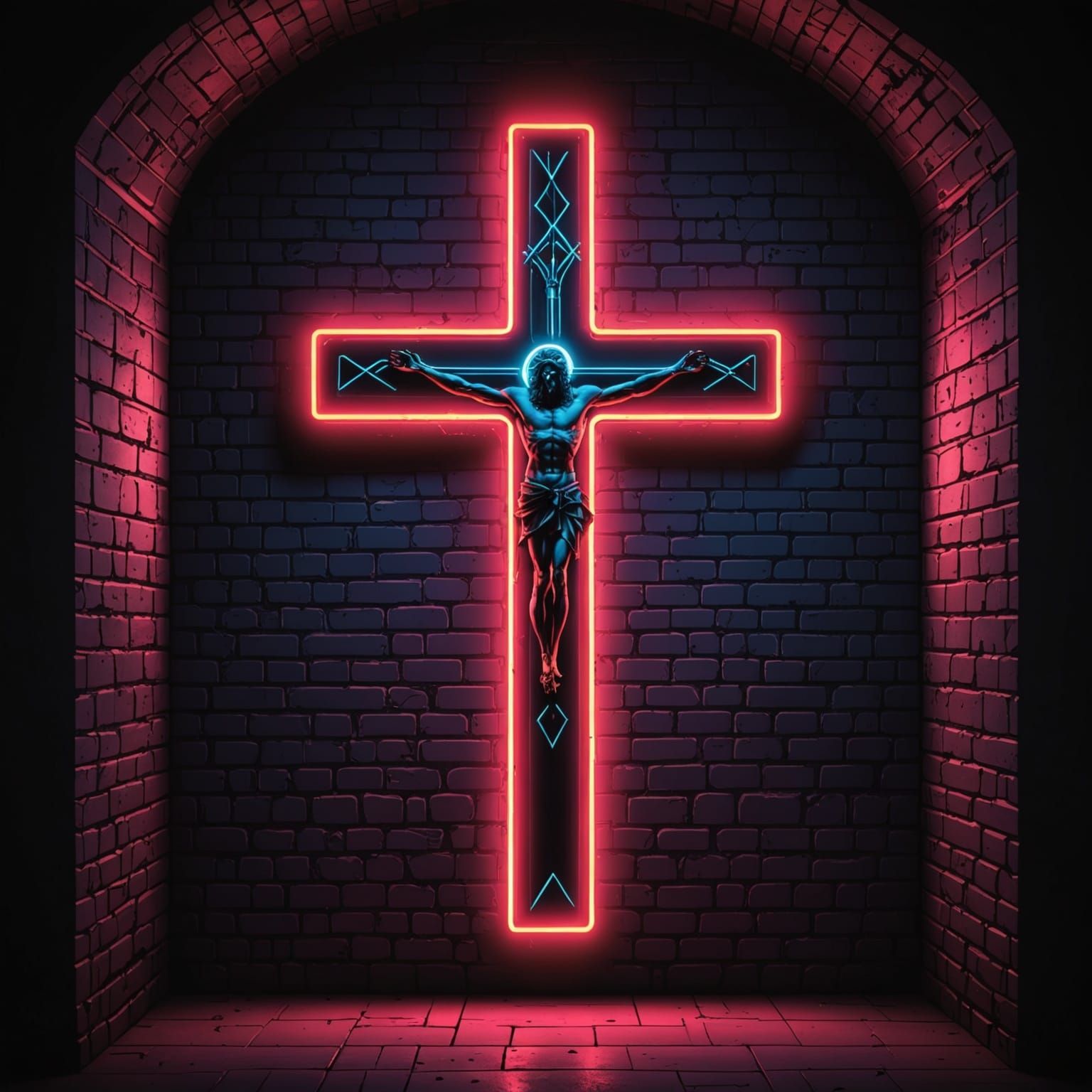 Neon Christian Cross in Hand-Drawn Style