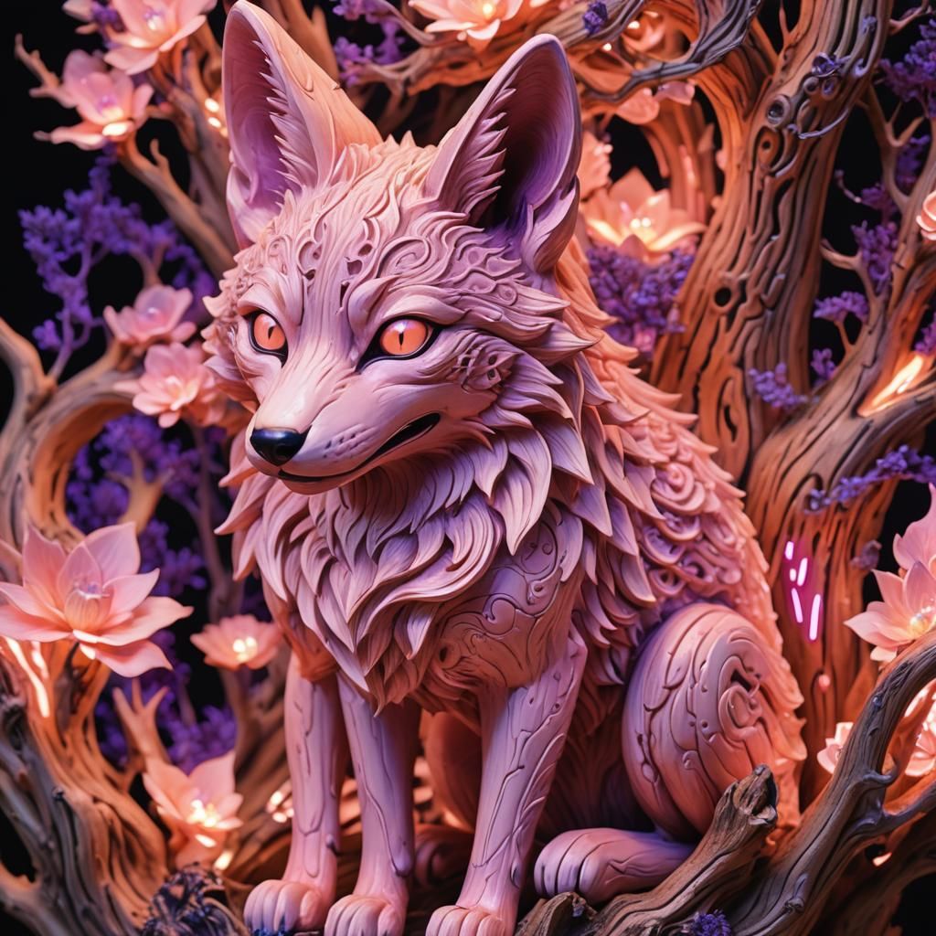 Synthwave Kitsune Emerges from Carved Japanese Sculpture