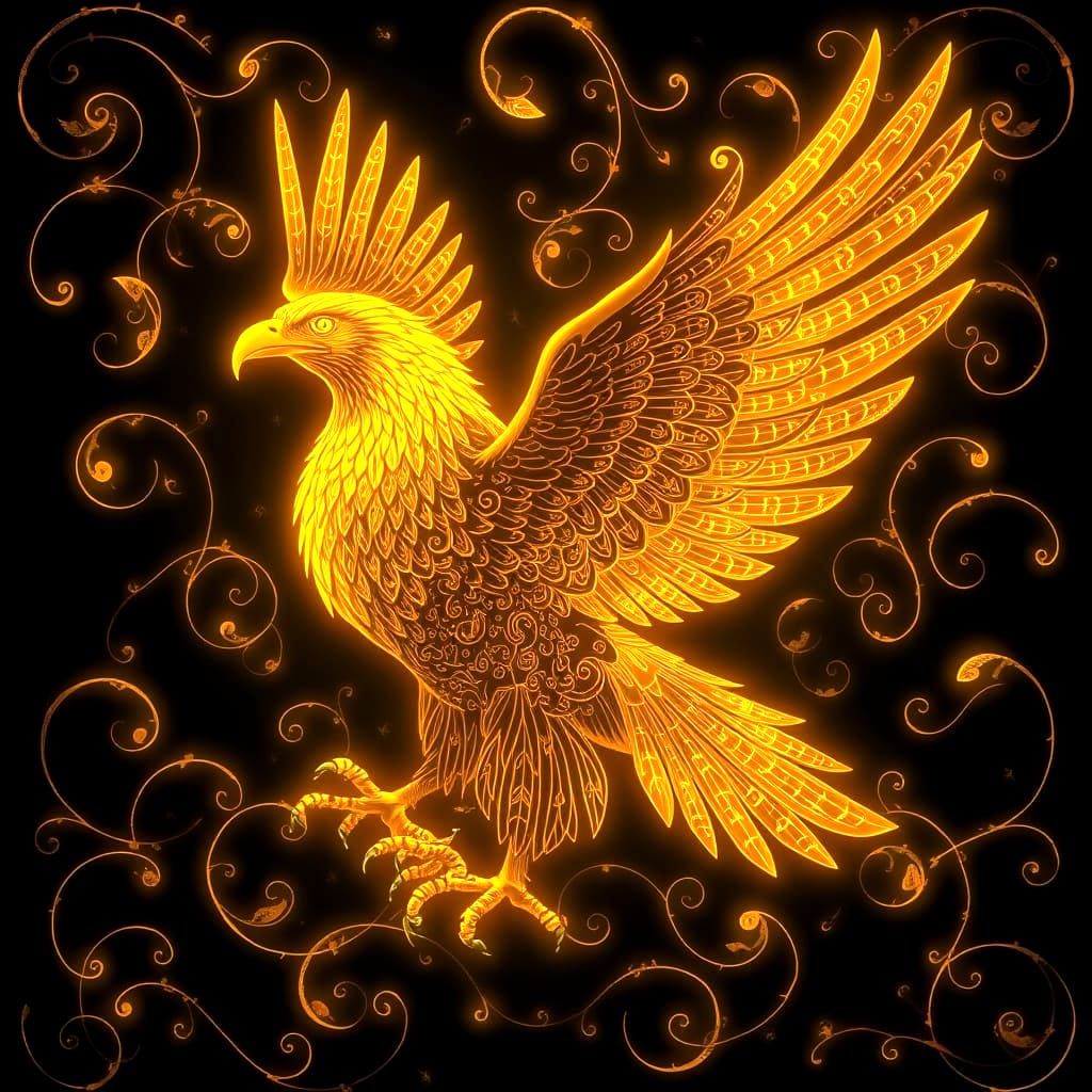 Bioluminescent Eagle with Golden Filigree Designs
