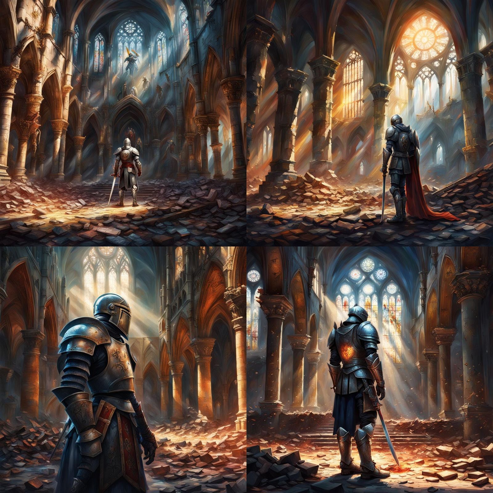 Knight Praying in Ruined Cathedral After Battle