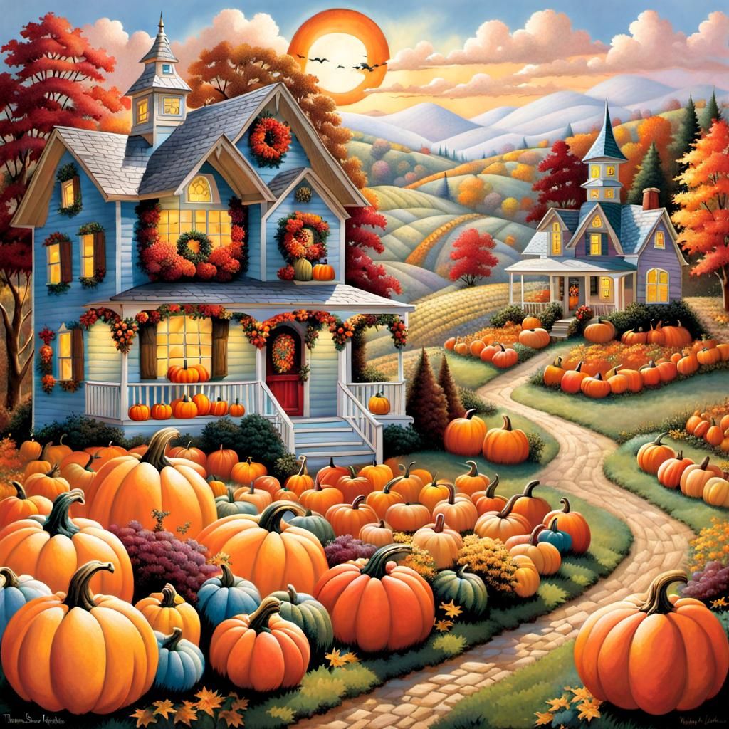 Patchwork quilt house behind 
Whimsical image of patchwork pumpkins and Scarecrows in a Thomas Kinkade style