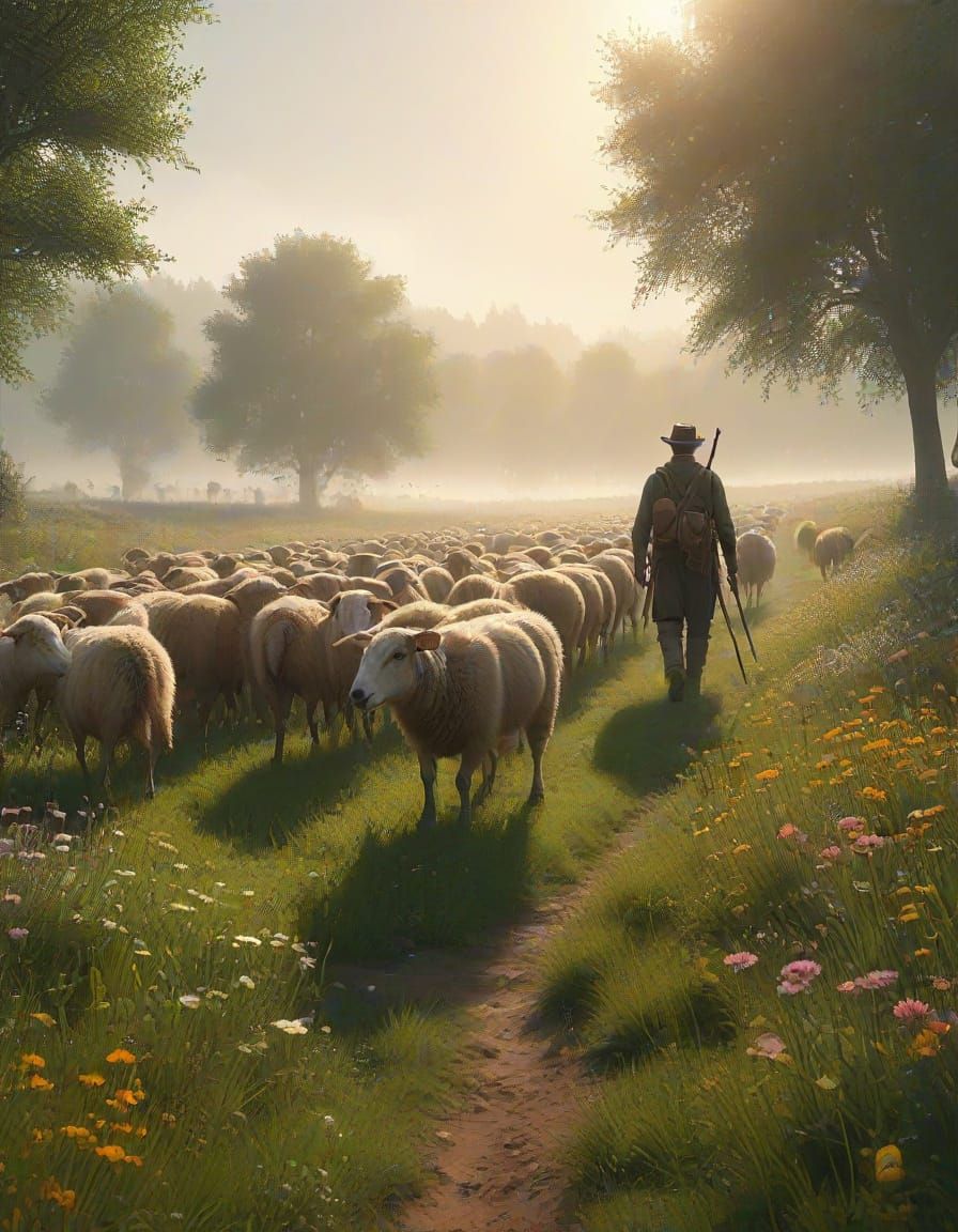 Shepherd Guides Sheep Through Wildflower Meadow in Misty Haz...