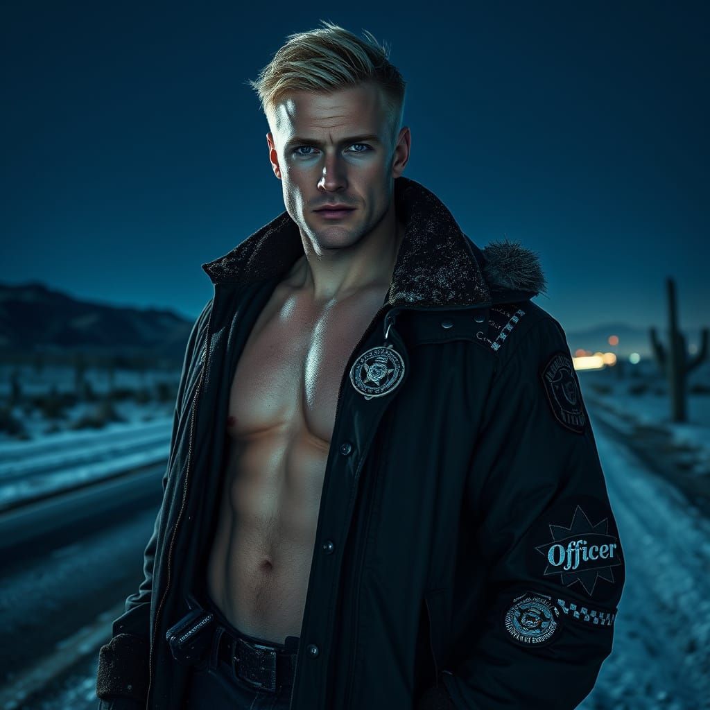 Tall, Blonde Police Officer Stands Authoritatively in Snowy ...