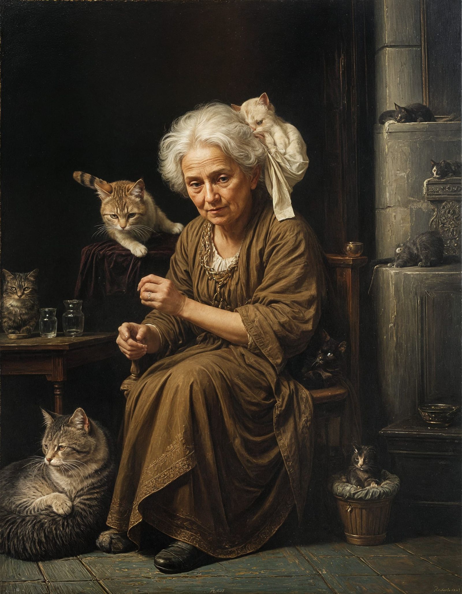 Elegant Old Woman with Cat in Gentle Repose