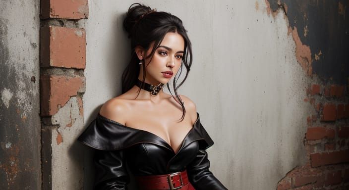 Woman in Red Leather Gown: Gouache Oil Painting