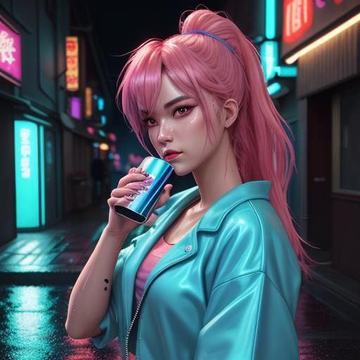 Girl Drinking Beer in Neon Alley: Anime 3D Art