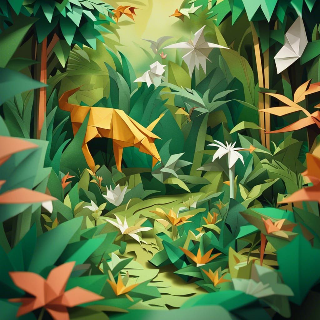 Fantasy Origami Jungle Landscape in Anime Style
