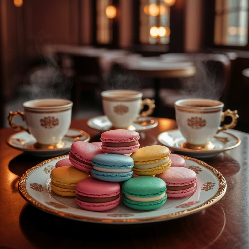 Vibrant Macarons in Warmly Lit Café: 35mm Film Still