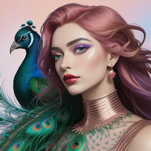 Rose Gold Woman with Peacock Feathers in Surreal Digital Art