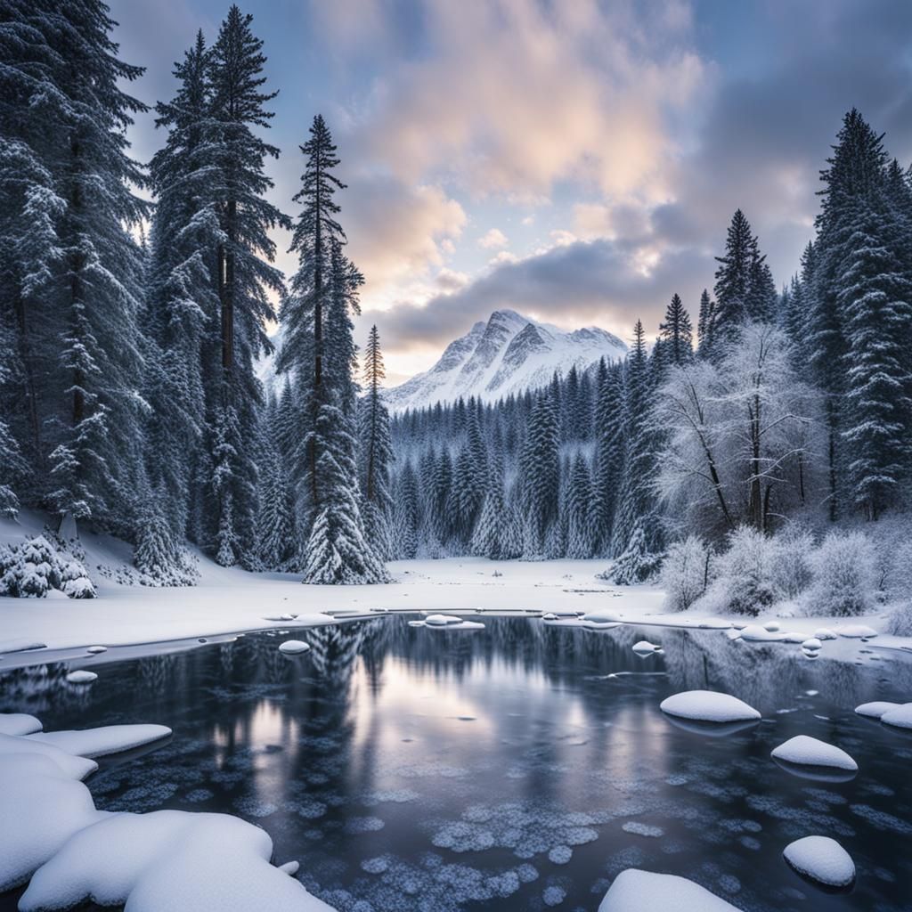 Frozen Lake in Winter Alpine Forest